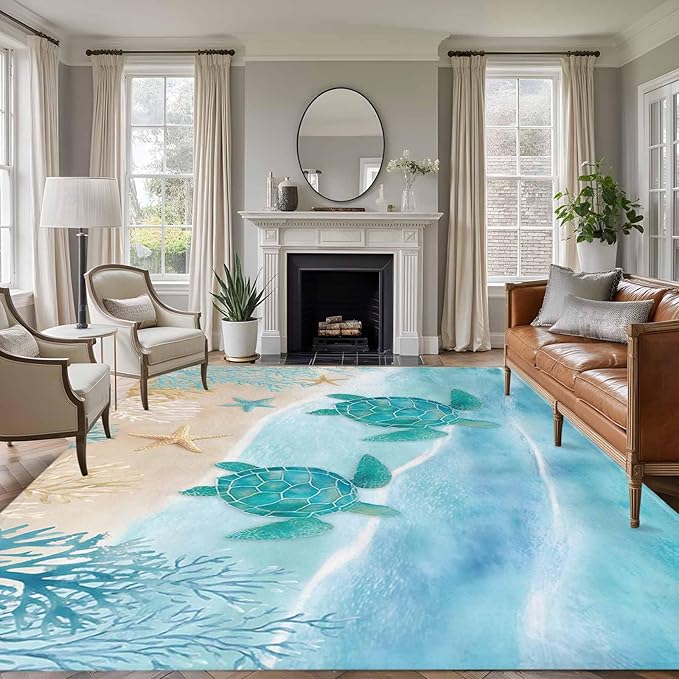 Area Rug 6x9ft, Sea Turtle Starfish Coral Washable Rugs for Living Room Bedroom, Summer Seaside Ocean Life Soft Non-Slip Area Rugs Rectangle Floor Carpet for Dining Room