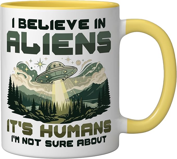 Alien Believer UFO Extraterrestrial Space Lover Ceramic Mug, Yellow/White