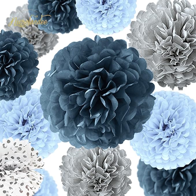 NICROLANDEE Dusty Blue Wedding Decorations, 15 PCS Tissue Pom Poms Paper Garland Decoration for Something Blue Bridal Shower Bachelorette Party Baby Shower Decorations