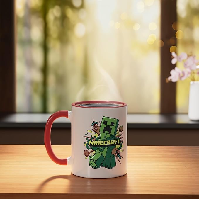 Minecraft Creeper Running From Explosion Ceramic Mug, Red/White