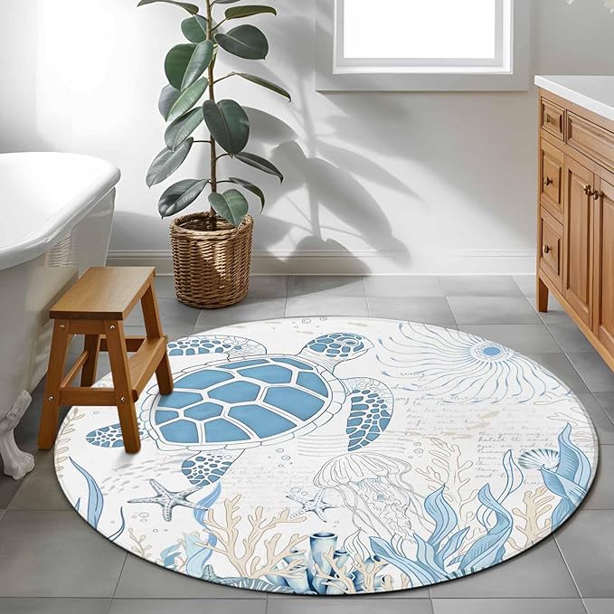 Washable Round Area Rug Blue Sea Turtles Stars Corals Circle Rugs Floor Carpet for Living Room Bedroom, Vintage Marine Life Soft Non Slip Round Rug 4ft