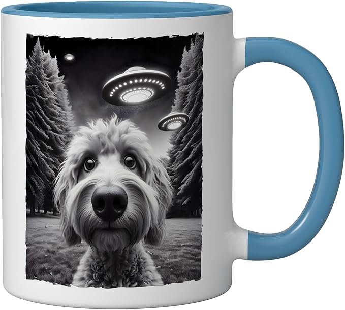 Funny Golden Doodle Selfie UFO Encounters for Dog Lovers Ceramic Mug, Blue/White