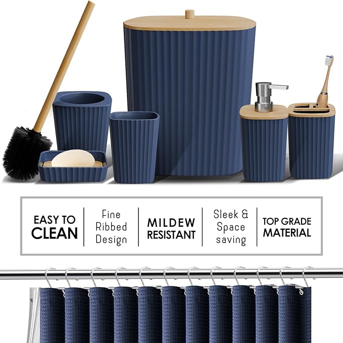 Clara Clark Bathroom Accessories Set - Bathroom Set with Adhesive Corner Shower Caddy Hanging, 25PC Bathroom Accessory Set, Navy Blue Shower Curtain Set, Toilet Brush, Trash Can & Soap Dispenser