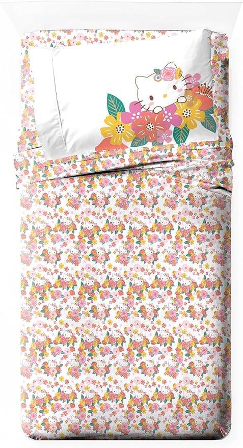 Jay Franco Sheet Set with Fitted, Flat Sheets & Pillow Cover - Ultra-Soft Bedding with Pillowcase for Room Decor, Multi - Hello Kitty, 3 Piece Twin
