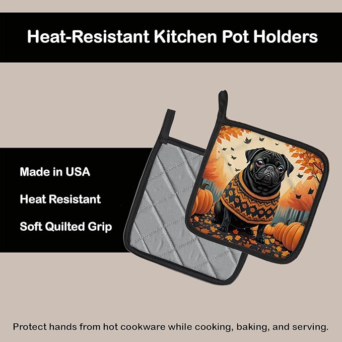 Caroline's Treasures DAC1064PTHD Black Pug Fall Pair of Pot Holders Kitchen Heat Resistant Pot Holders Sets Oven Hot Pads for Cooking Baking BBQ, 7 1/2 x 7 1/2