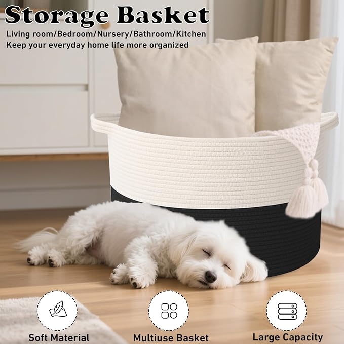 65L Large Blanket Basket,Woven Rope Laundry Basket Hamper with Handles,Decorative Nursery Basket Storage Bin for Toys, Pillows , Clothes Organizer, Living Room, Bedroom, Bathroom, White&Black