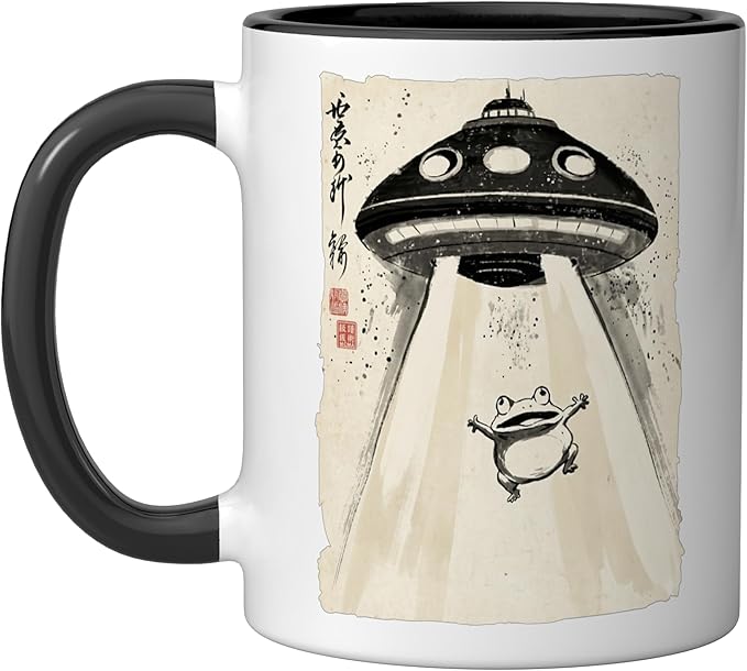 Ukiyo-e Style UFO Abducting Cute Frog Ink Art Painting Ceramic Mug, Black/White