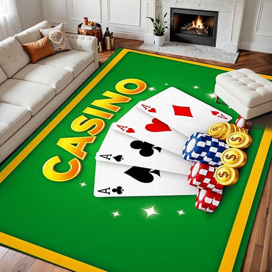 8x10 Area Rugs for Bedroom Boho Washable Man Cave Rug for Living Room Casino Theme Playing Cards Poker Chips Dollar Coins Soft Rubber Backed Non-Slip Large Carpets for Boys