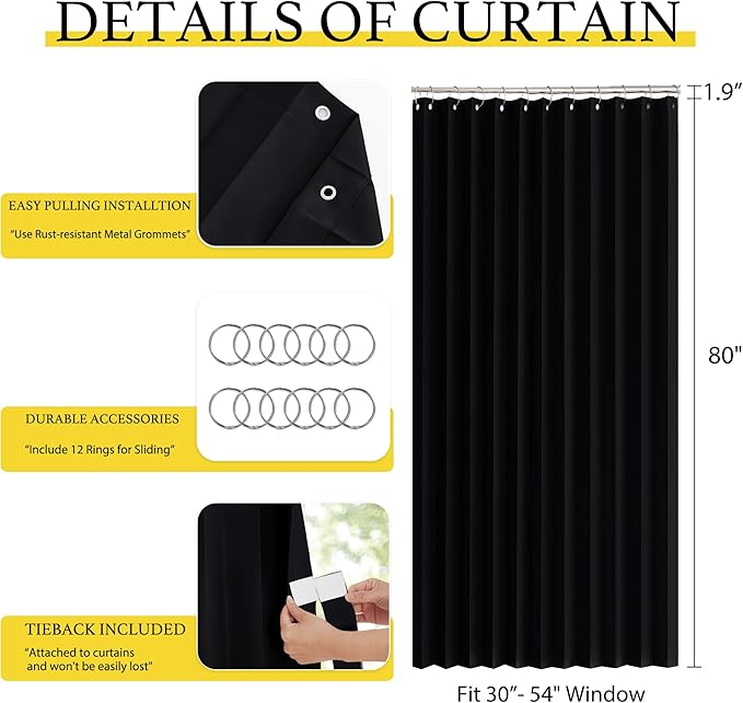 NICETOWN Room Divider Curtain for Living Room, Wall Divider Wide Curtains for Bedroom Partition, Thermal Insulated Privicy Doorway Panel for French Door, 1 Panel, 60" W x 80" L, Black