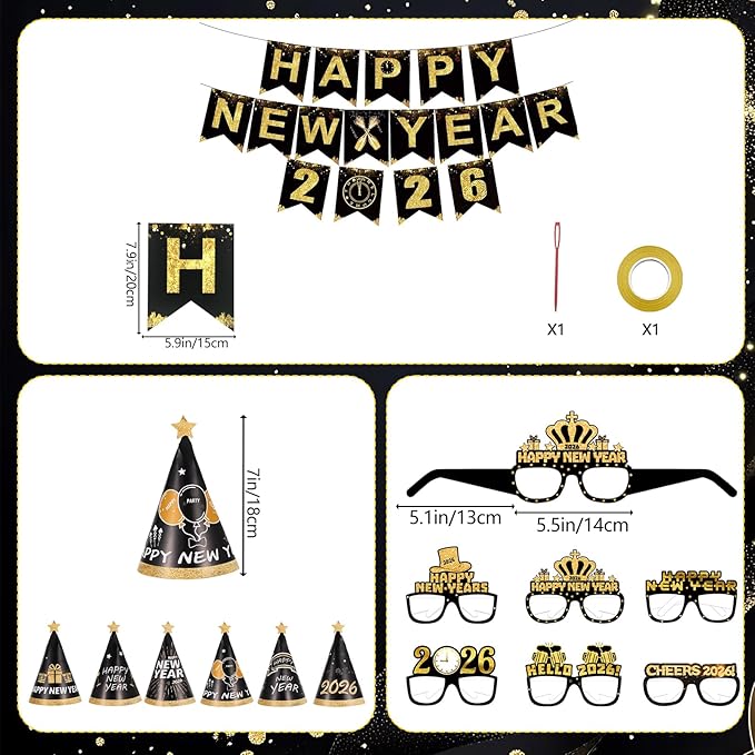Happy New Year Party Decoration, 2026 Foil Balloon Banner and Curtains Photography Backdrops, Photo Booth Props Hats Paper Glasses Party Decorations for New Years Eve Party Supplies