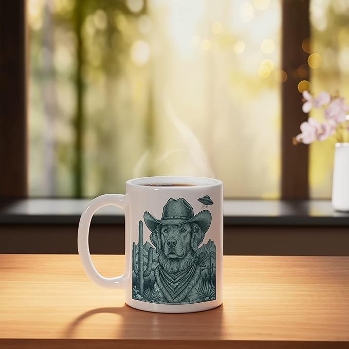 Cowboy Golden Retriever With Ufo Western Dog Art Ceramic Mug, White