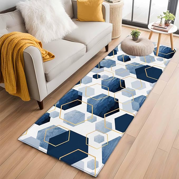 Runner Rug for Bedroom Hallway, Watercolor Blue Hexagon Kitchen Runner Rugs Area Rug 2x6ft, Abstract Geometric Art Washable Soft Floor Carpet for Entryway Stair