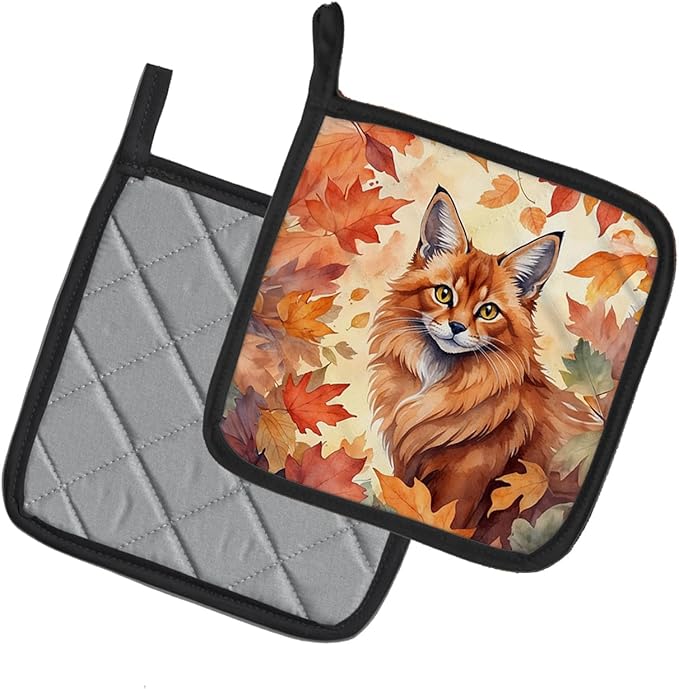 Caroline's Treasures Somali Cat in Fall Leaves Pair of Pot Holders Kitchen Heat Resistant Pot Holders Sets Oven Hot Pads for Cooking Baking BBQ, 7 1/2 x 7 1/2