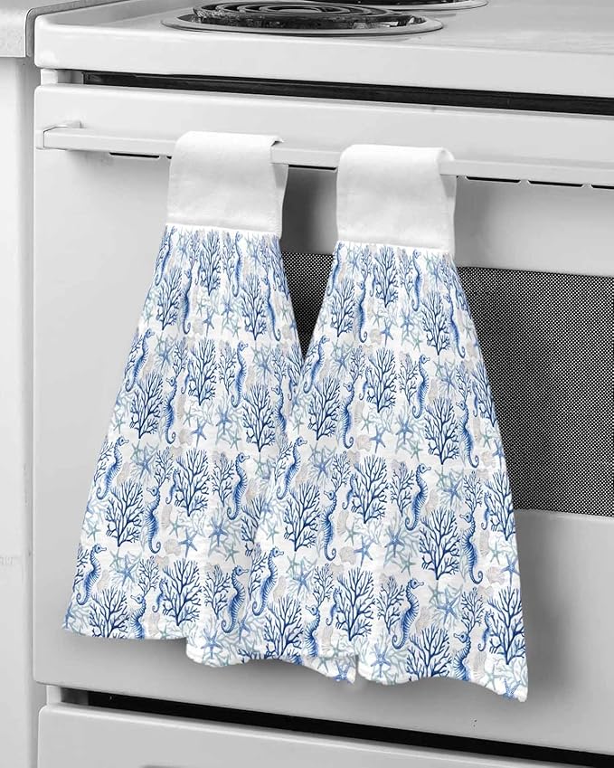 Alandar Home Kitchen Tie Towel Set of 2, Ocean Blue Seahorse Starfish Coral Absorbent Soft Hand Towels for Bathroom Hanging Towels, Watercolor Pearl Fast Drying Cleaning Cloth with Loop