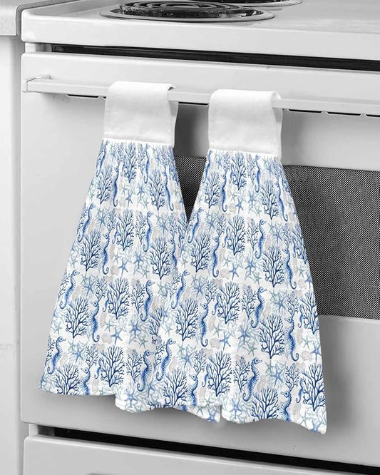 Alandar Home Kitchen Tie Towel Set of 2, Ocean Blue Seahorse Starfish Coral Absorbent Soft Hand Towels for Bathroom Hanging Towels, Watercolor Pearl Fast Drying Cleaning Cloth with Loop