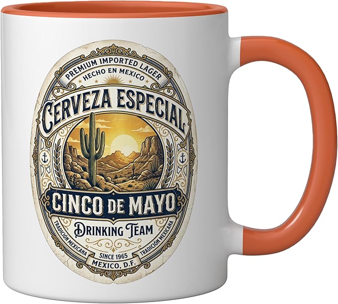 Cinco De Mayo Drinking Team Cerveza Beer Label Ceramic Mug, Orange/White