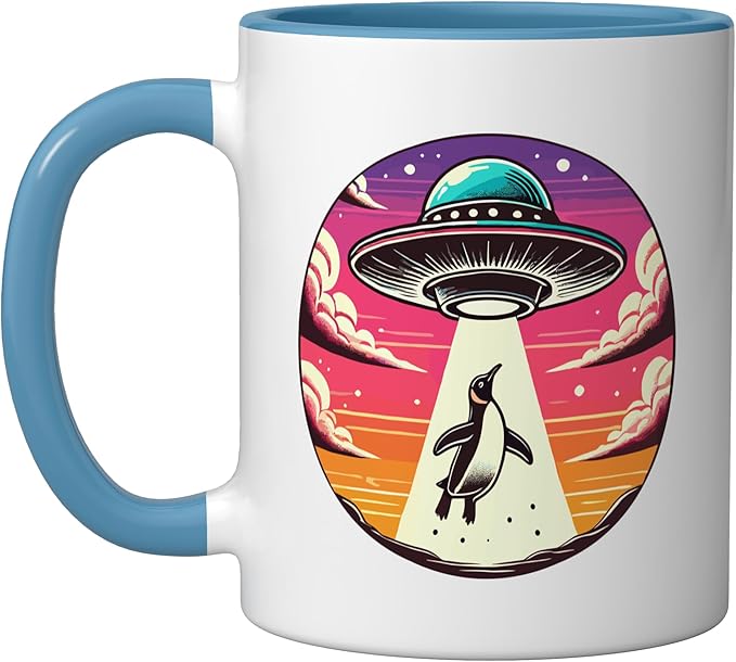 Penguin Abducted Alien Spacecraft Outer Space Abduction Ceramic Mug, Blue/White