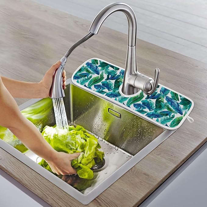 Kitchen Faucet Absorbent Mat,Turquoise Green Palm Leaves Water Splash Guard for Sink, Faucet Drip Catcher Thicken Sponge Microfiber Faucet Water Catcher Mat Sink Absorbent Mat for Kitchen 14x5in 2Pack