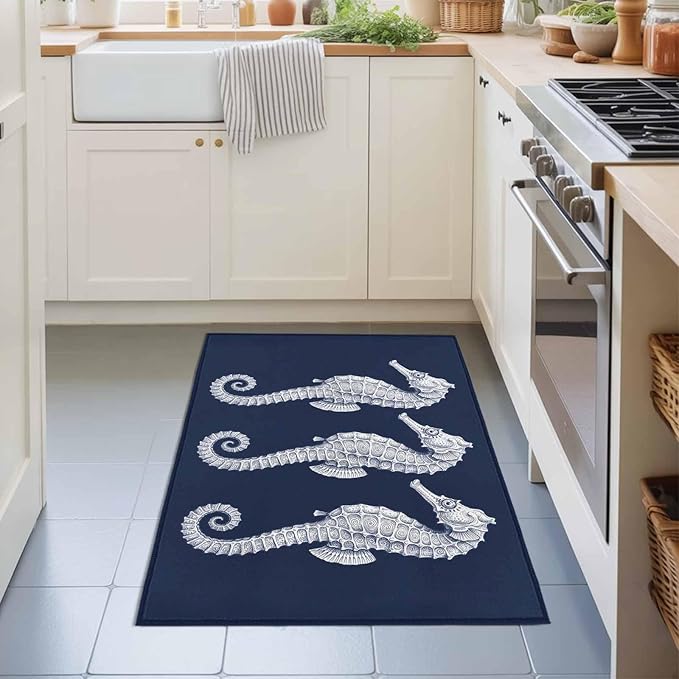 Area Rug 2x3ft, Ocean Life Seahorse Navy Blue Washable Rugs for Living Room Bedroom, Summer Nautical Theme Soft Non-Slip Area Rugs Rectangle Floor Carpet for Dining Room