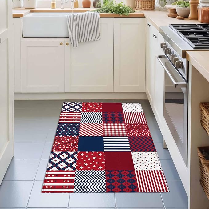 Area Rug 2x3ft, Abstract Splicing Stars Stripes Washable Rugs for Living Room Bedroom, Independence Day Red Blue White Soft Non-Slip Area Rugs Rectangle Floor Carpet for Dining Room