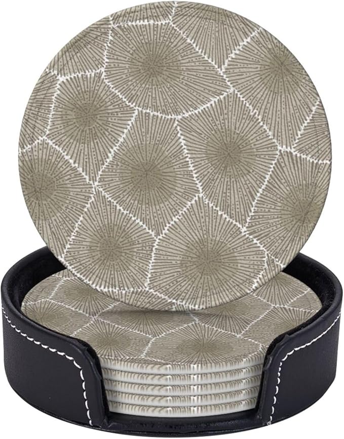 Petoskey Stone Leather Drinks Coasters with Holder, Set of 6, Suitable for Various Cups