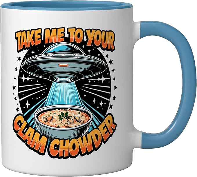 Take Me to Your Clam Chowder UFO Abduction Clam Chowder Ceramic Mug, Blue/White