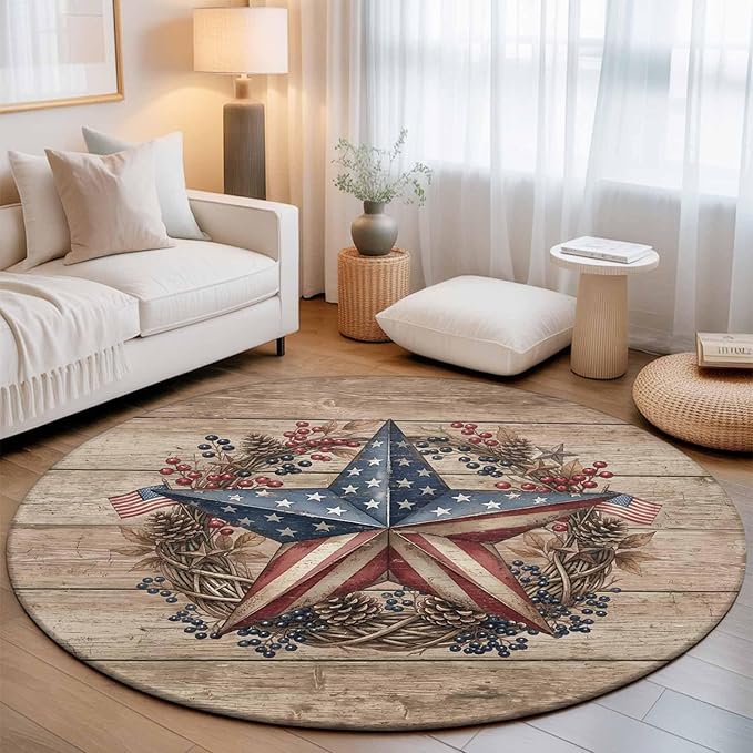 Washable Round Area Rug Independence Day USA Flag Star Circle Rugs Floor Carpet for Living Room Bedroom, Farm Wood Background Soft Non Slip Round Rug 5ft