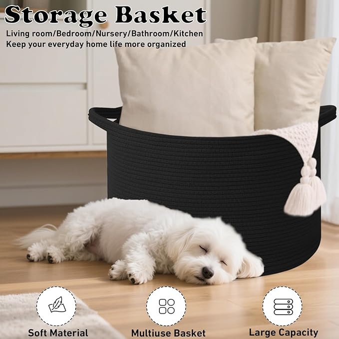 90L Extra Large Blanket Basket,Woven Rope Laundry Basket Hamper with Handles, Decorative Nursery Basket Storage Bin for Toys, Clothes Organizer, Living Room, Bedroom, Bathroom, Black