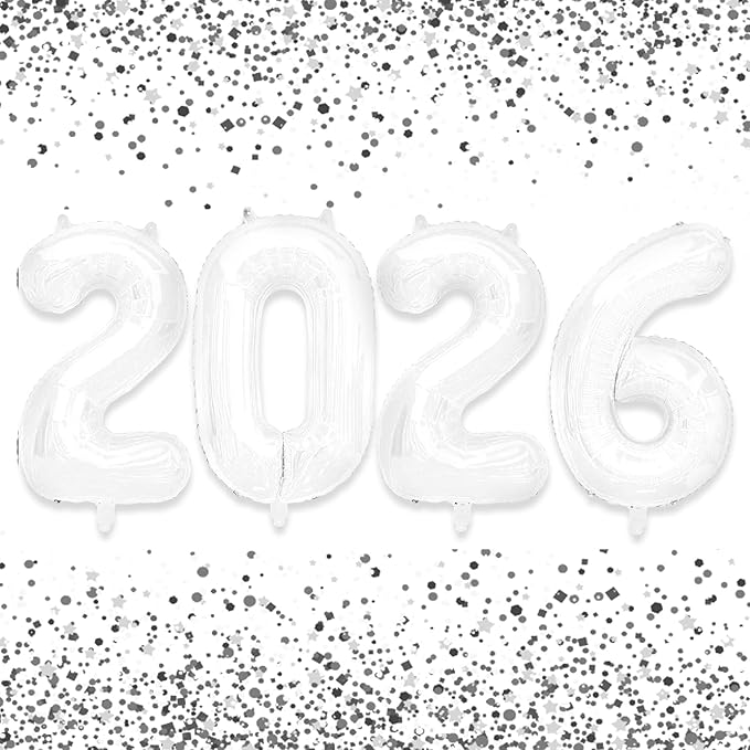 2026 Balloons New Years Eve Party Supplies - 40" Large White Foil Number Balloon New Years Decorations Graduation Balloons Class of 2026 Happy New Year Birthday Anniversary Graduation Decorations