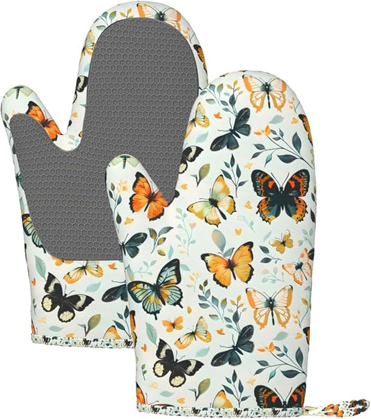 Butterfly Silicone Oven Mitts Set of 2, Heat Resistant up to 500°F, Kitchen Oven Gloves with Non-Slip Grip and Soft Cotton Lining for Baking, Cooking and BBQ