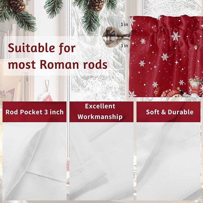 Christmas Snowman Swag Valance Curains Winter Xmas Tree Snowflakes Black Plaid Rod Pocket Kitchen Curtains Scalloped Window Treatment Valances Swag for Living Room Bedroom, 1 Pair, 28"W x 36"L