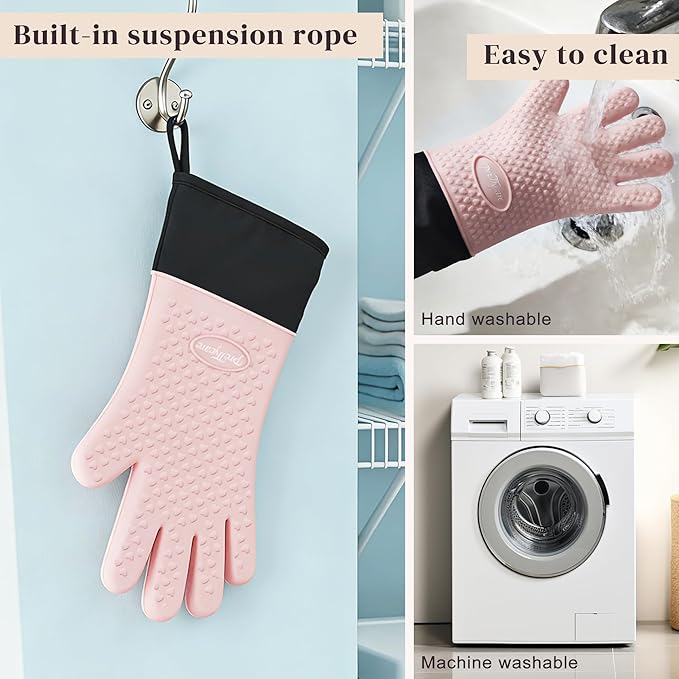 PrettyCare Silicone Oven Mitts, Waterproof & Non-Slip Oven Gloves with Fingers,Cotton Lined Silicone Oven Gloves Kitchen Mitts-Heat Resistant for Baking Cooking BBQ,Women（Pink
