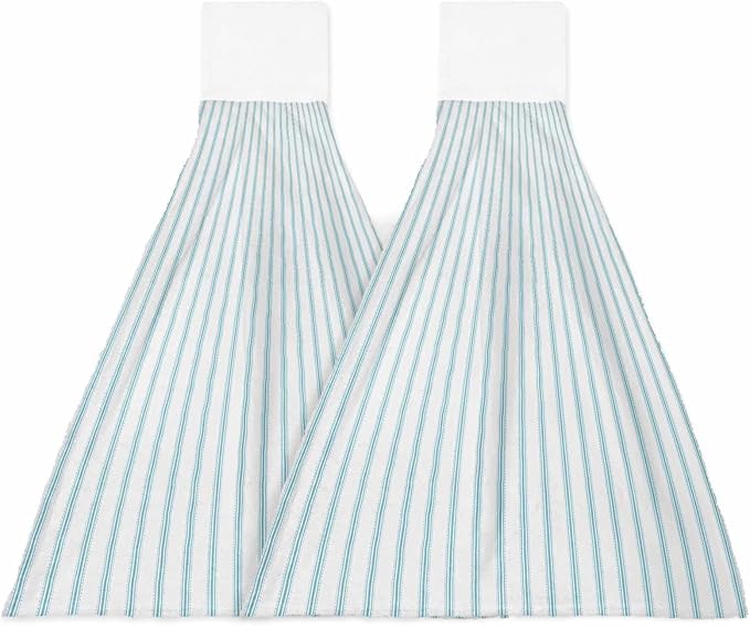 Alandar Home Kitchen Tie Towel Set of 2, Ocean Blue Stripes Seamless Ticking Stripe Absorbent Soft Hand Towels for Bathroom Hanging Towels, Farmhouse Pinstripe Fast Drying Cleaning Cloth with Loop