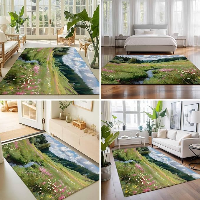 Area Rug 9x12ft, Watercolor Flowers Leaves Forest Meadow Washable Rugs for Living Room Bedroom Rectangle Floor Carpet, Oil Paint Texture Soft Non-Slip Area Rugs for Dining Room