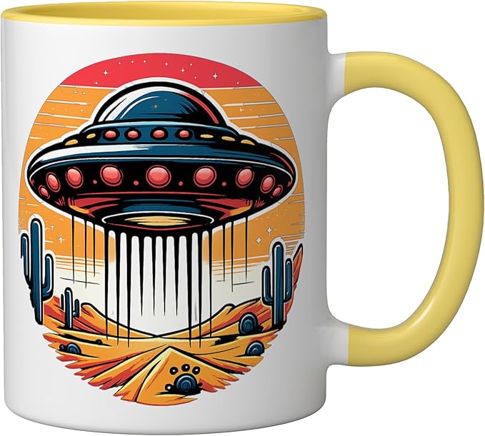 Retro UFO Desert Abduction Scene | Vintage Sci-Fi Ceramic Mug, Yellow/White