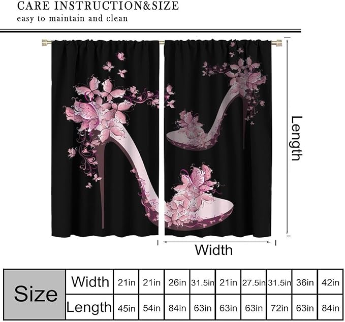 Heels Shoes Window Curtain,Retro Lady Women Pink Floral Butterfly Print Home Deocr Curtains for Kitchen Cafe Bedroom Dining Room Office Living Room Drapes, 52x96 in