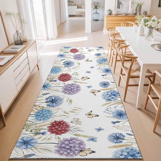 Runner Rug for Bedroom Hallway, Watercolor Hydrangea Flower Kitchen Runner Rugs Area Rug 2x6ft, Garden Floral Butterfly Leaves Washable Soft Floor Carpet for Entryway Stair