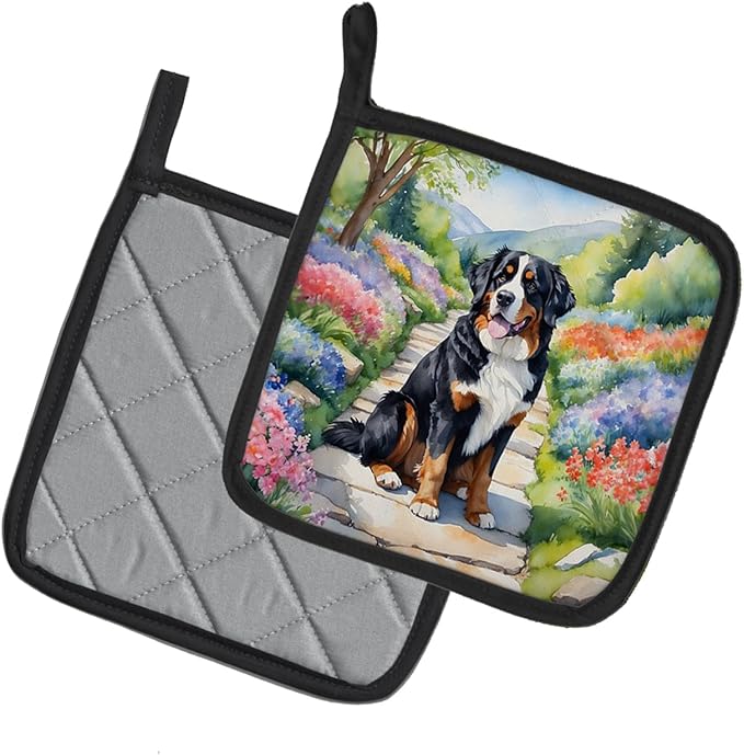 Caroline's Treasures Bernese Mountain Dog Spring Path Pair of Pot Holders Kitchen Heat Resistant Pot Holders Sets Oven Hot Pads for Cooking Baking BBQ, 7 1/2 x 7 1/2