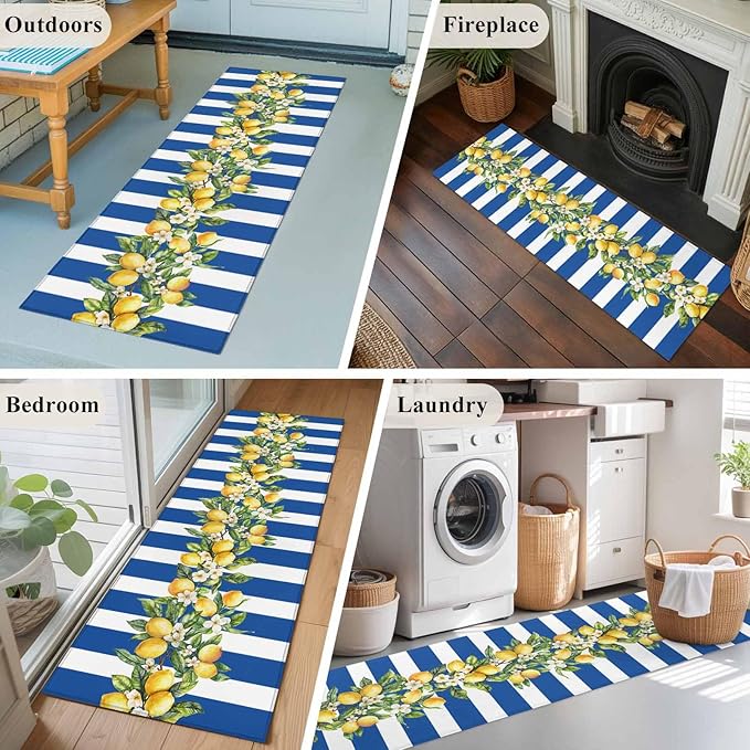 Runner Rug for Bedroom Hallway, Summer Lemon Green Leaves Watercolor Kitchen Runner Rugs Area Rug 2x6ft, Blue Stripe Washable Soft Floor Carpet for Entryway Stair