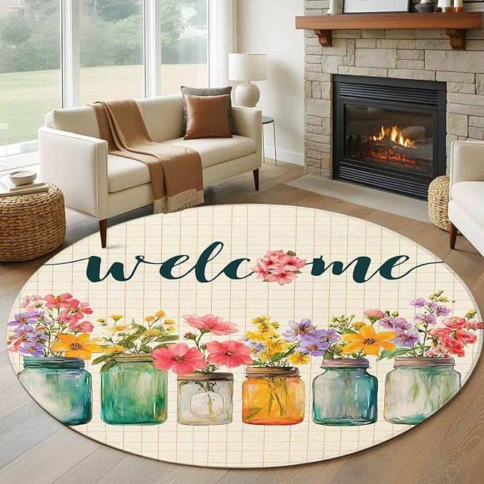 Washable Round Area Rug Summer Pastoral Flower Buffalo Plaid Circle Rugs Floor Carpet for Living Room Bedroom, Rustic Blossom Floral Soft Non Slip Round Rug 5ft