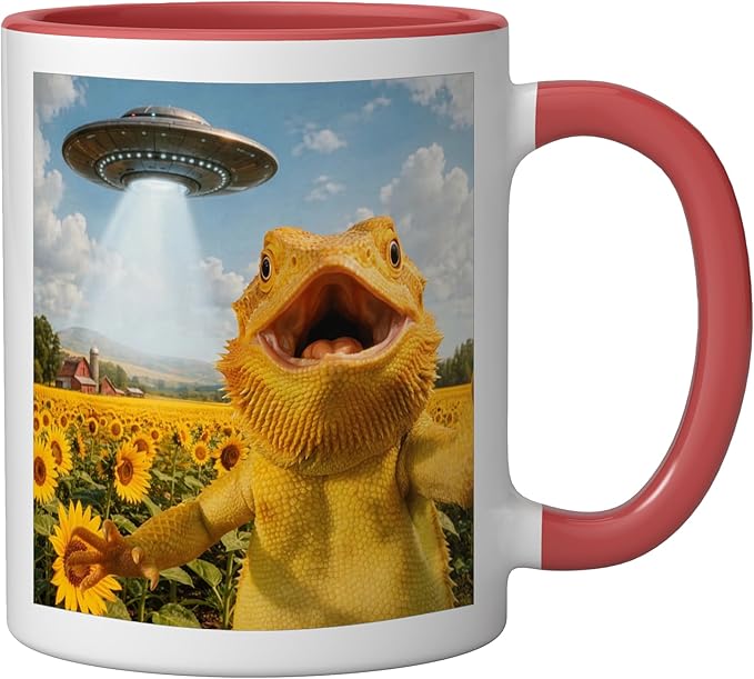 Funny Bearded Dragon Selfie with Alien UFO Ceramic Mug, Red/White