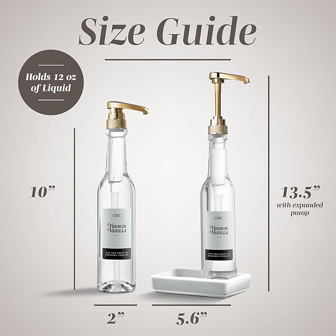 COOK WITH COLOR Glass Coffee Syrup Dispenser with Pump- Set of 2 Syrup Bottles for Coffee Bar, Decorative 350 ML Bottle with Ceramic Holder, Funnel, Labels and Extra Pumps, Clear