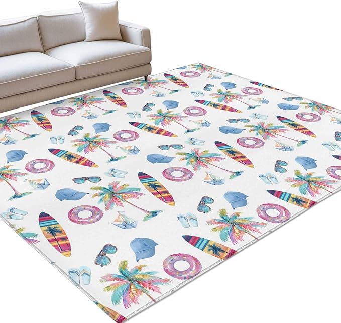 Area Rug 9x12ft, Summer Surfboard Coconut Tree Washable Rugs for Living Room Bedroom Rectangle Floor Carpet, Tropical Seamless Pattern Soft Non-Slip Area Rugs for Dining Room