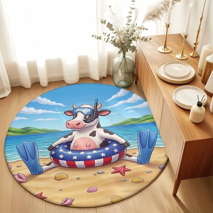 Washable Round Area Rug Summer Beach Snorkeling Cow Circle Rugs Floor Carpet for Living Room Bedroom, Ocean Starfish Funny Animal Art Soft Non Slip Round Rug 3ft