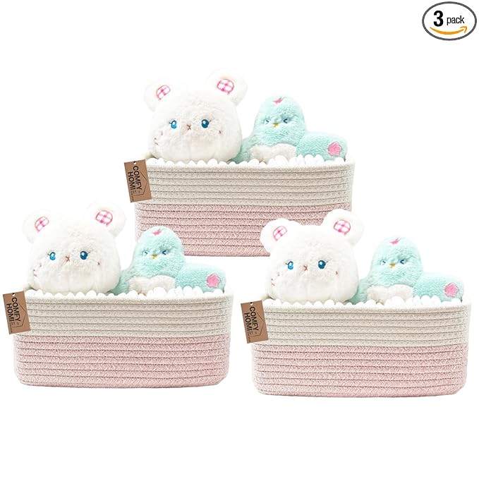 COMFY-HOMI 13" x 8.5" x 5.1" Storage Baskets for Organizing | Cotton Rope Woven Basket | Toy Storage Bin Box | Basket for Shelves, Closet Organizer Bin, Decorative Closet Shelf, 3 Pack, white/pink