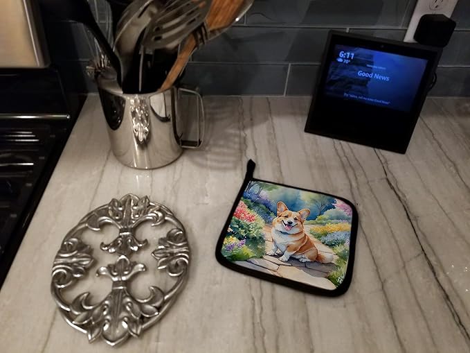 Caroline's Treasures Corgi Spring Path Pair of Pot Holders Kitchen Heat Resistant Pot Holders Sets Oven Hot Pads for Cooking Baking BBQ, 7 1/2 x 7 1/2