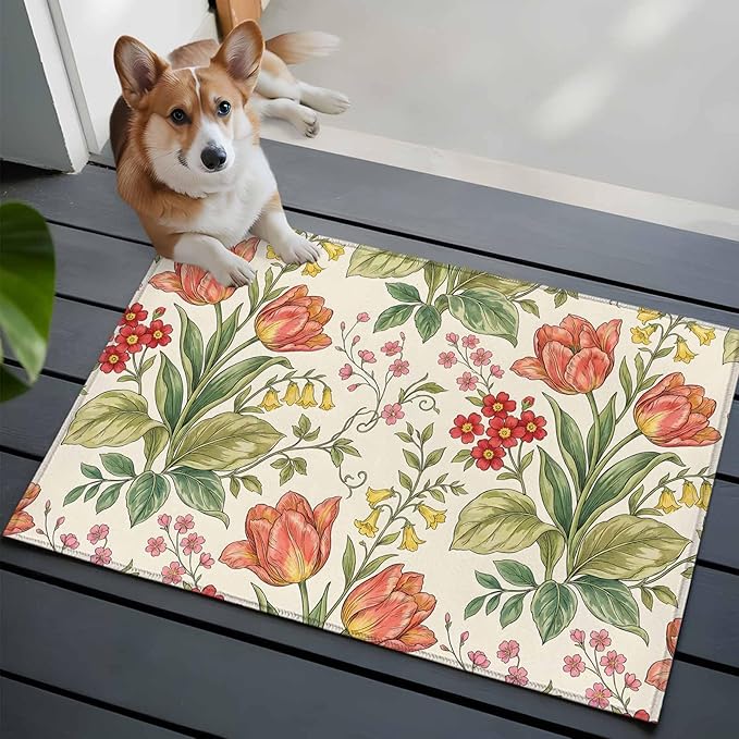 Area Rug 2x3ft, Vintage Tulips Red Daisies Washable Rugs for Living Room Bedroom, Yellow Blooms Floral Pattern Soft Non-Slip Area Rugs Rectangle Floor Carpet for Dining Room