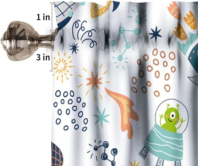 Kids Space Alien Valance, Cute Fun Cartoon Universe Planet Stars Rocket Short Rod Pocket Window Treatment for Kitchen Bedroom Nursery Classroom Decor, 54x18Inch