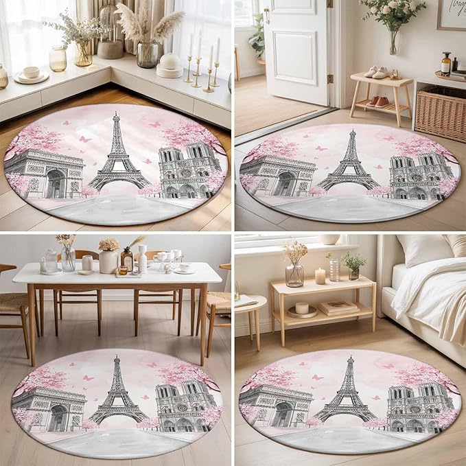 Washable Round Area Rug Modern Pink Flower Paris Landmarks Circle Rugs Floor Carpet for Living Room Bedroom, Towel Architecture Soft Non Slip Round Rug 5ft