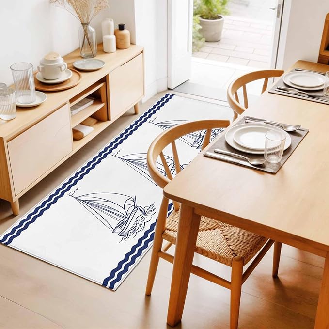 Runner Rug for Bedroom Hallway, Summer Ocean Nautical Sailboat Kitchen Runner Rugs Area Rug 2x6ft, Marine Theme Navy Blue Stripe Washable Soft Floor Carpet for Entryway Stair